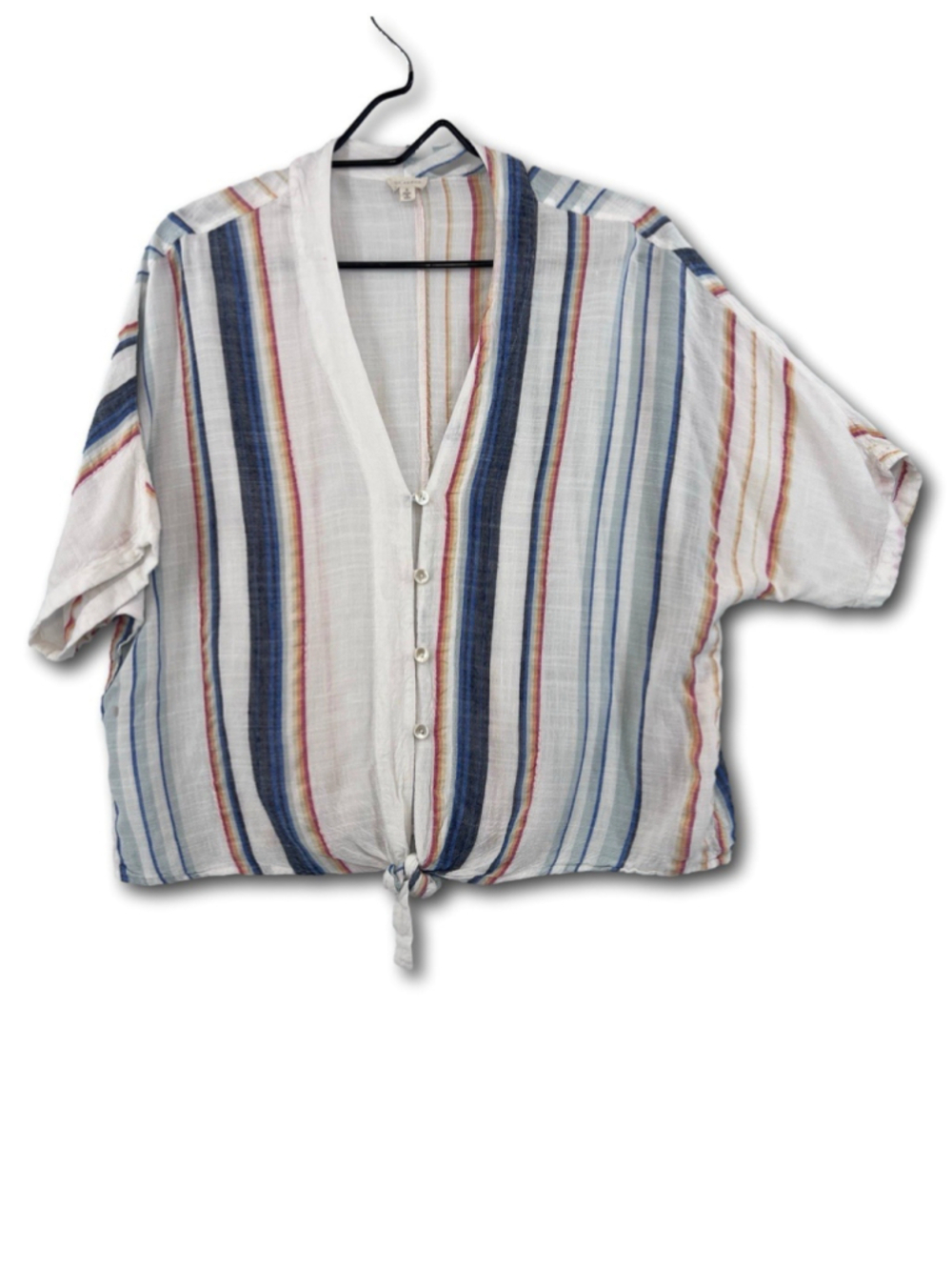 En Crėme Crop Top Striped Blouse Ties at Hem Short Sleeve V-Neck Woman’s Size S